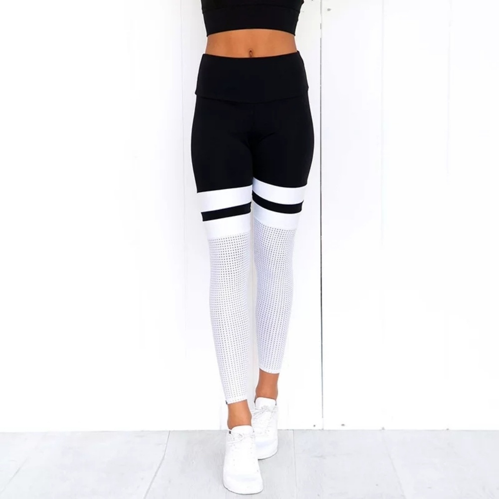 🖤 SPORTY CHIC 🖤 MESH THIGH STRIPED LEGGINGS - Picture 3 of 7